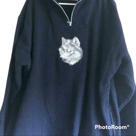 Vintage navy blue wolf embroidered fleece pullover - Picture 5 of 10